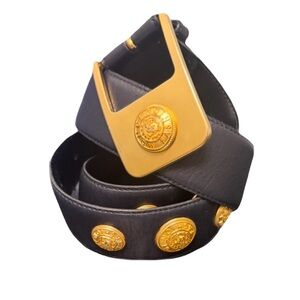 Vintage Mondi Navy Leather Belt With Gold Decorative Buttons & Hardware Sz EU 44